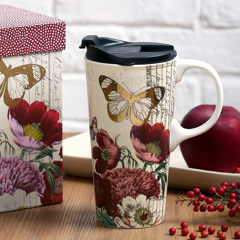 Topadorn 17 OZ Ceramic Coffee Mug Travel Cup with Lid and Gift Box, Red Flower and Butterfly - Image 2